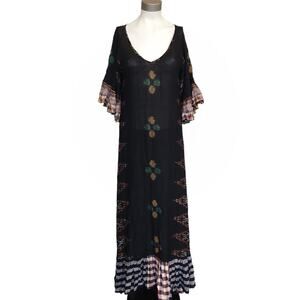 ERIKA PENA Mya Maxi ruffle festive southwestern dress black Ikat plaid S / M NEW